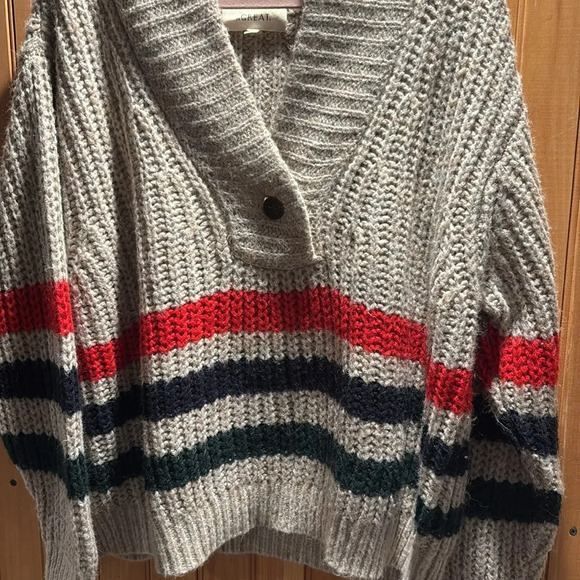 THE GREAT. Gray V-Neck Sweater with Stripes - Picture 3 of 7